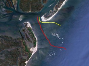 The yellow line is roughly Beach Haven Inlet while the red is an approximation of the marked Little Egg Inlet. From Google Maps with my great artistic additions.