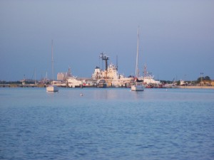 Here is one of their big ships at dock. The station is actually huge and takes up the whole northern portion of Cape May. Those sailboats in the foreground are on Corinthian YC moorings. The boats to the left of the Coast Guard ship are in the cruisers' anchorage.