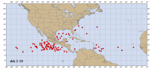 Historic named storms points of origination, July 1-10.
