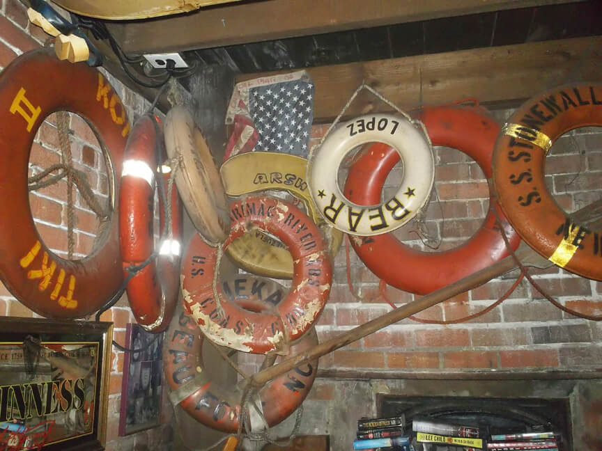 Life rings hanging at Backstreet Pub. The Bear one is not ours!