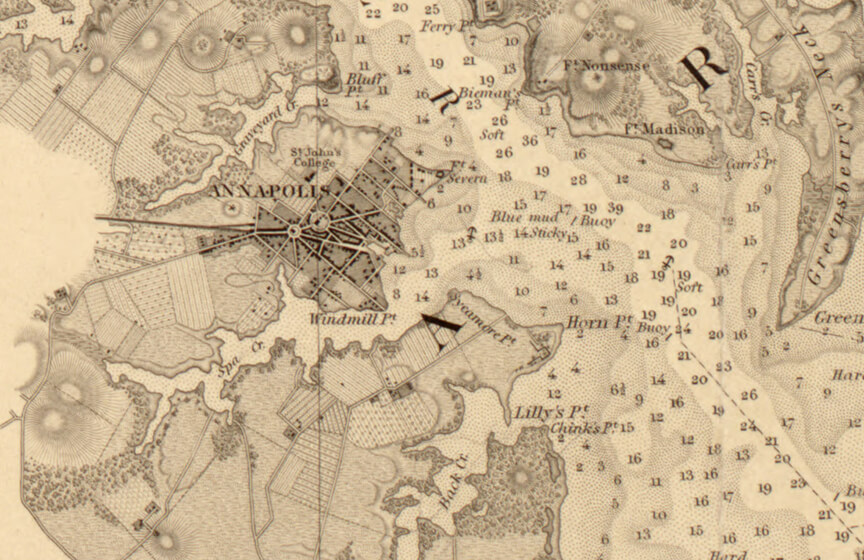 Close-up of Annapolis from the Office of Coast Survey's 1846 Chesapeake Bay chart, from the Library of Congress