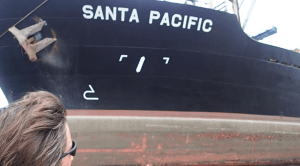 Taking the dinghy within feet of the ocean-going Santa Pacific in front of the Domino Sugar factory