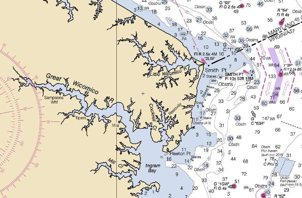 Reedville and the Great Wicomico. The mouth of the Potomac is at the northern edge of the map.
