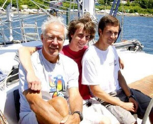 Paul Denton with his sons after his circumnavigation. From the Cape Cod TImes.