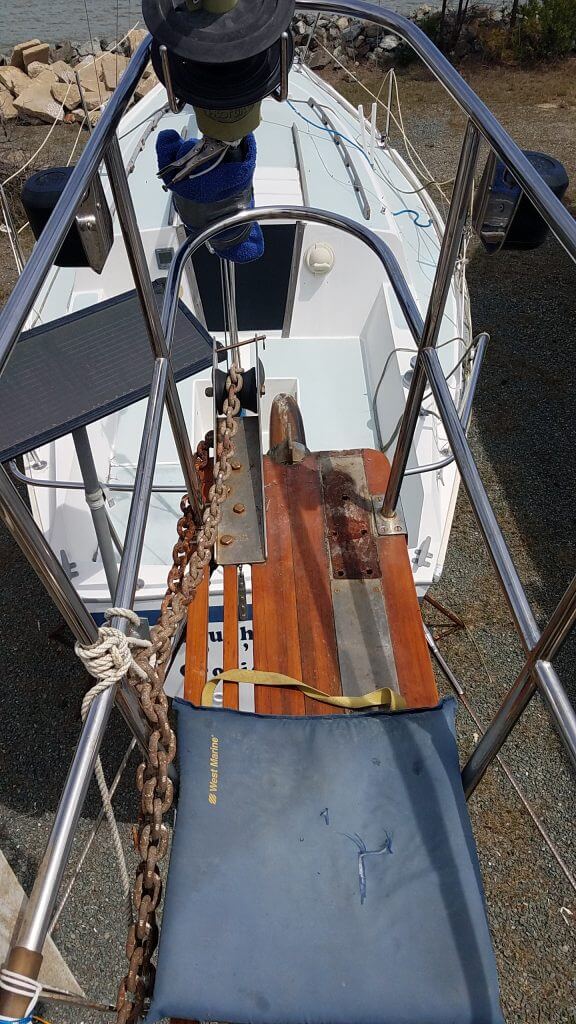 The bowsprit with the furler and starboard bow roller removed.