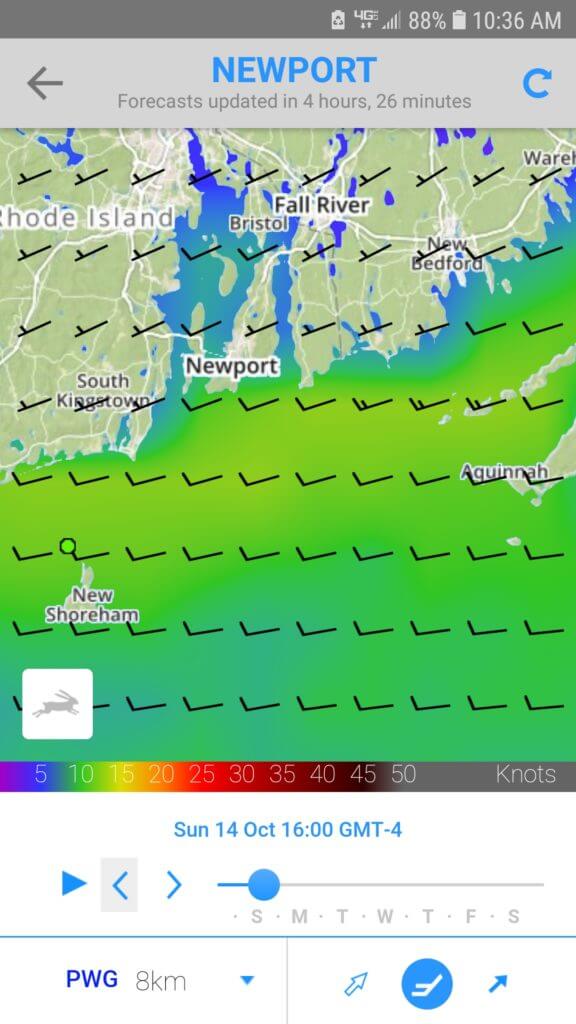 Predict wind screenshot of winds today in block island sound.