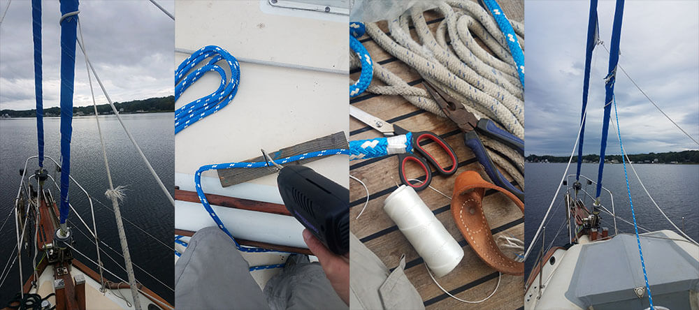 Four images in one - a frayed staysail sheet, using a hot-knife to cut a new sheet, whipping the ends, and the new sheet installed