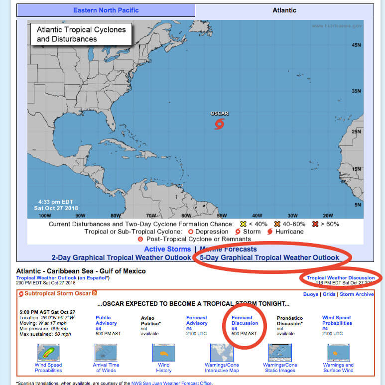Screenshot of the National Hurricane Center homepage with circles around the five-day tropical outlook, tropical weather discussion, and depression/storm forecast discussion links. 
