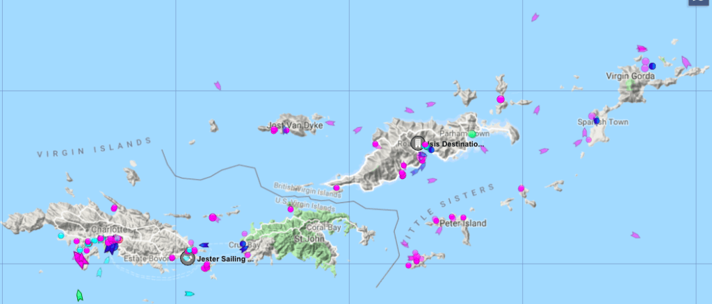 Screenshot from MarineTraffic.com of current - as of me taking the screenshot - AIS traffic in the Virgins. Bear is the pink dot in Great Harbour on Jost.