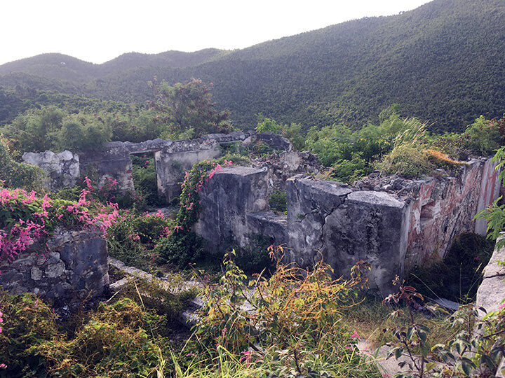 Concrete and rock ruins atop a hillside set against a backdrop of rolling hills with lush green vegetation. Pink flowers on the left side.