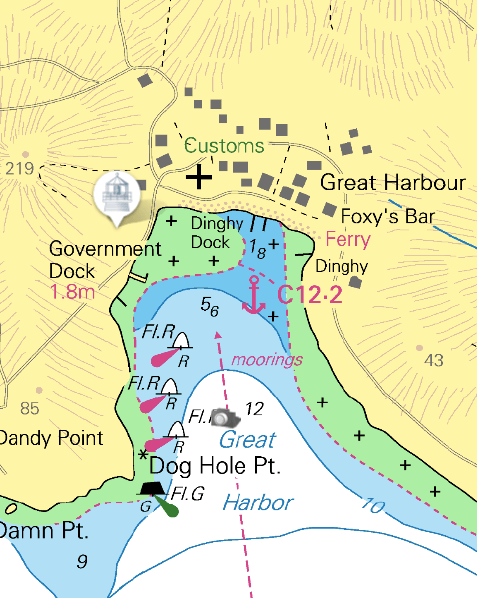 chart of Great Harbour showing the moorings, anchorage, buoys, docks, and buildings ashore