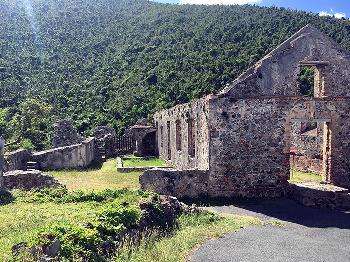 Cobblestone ruins of 18th century sugar mill on St John Island. Dense green trees on mountainside in the background. Ruins of building with open windows and doorways.