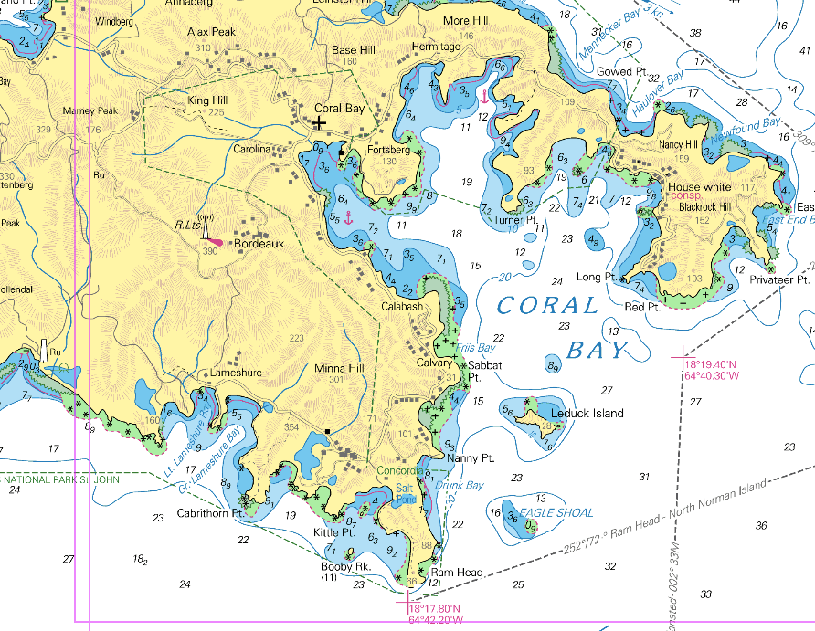 a marine chart of Coral Bay on Saint John