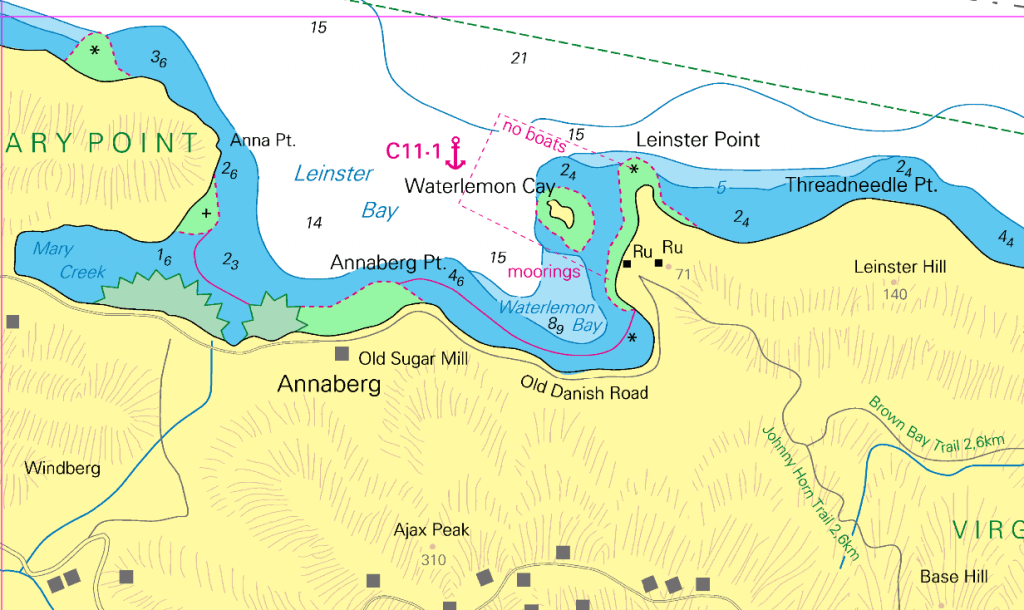 a marine chart of Leinster Bay with trails indicated on the land